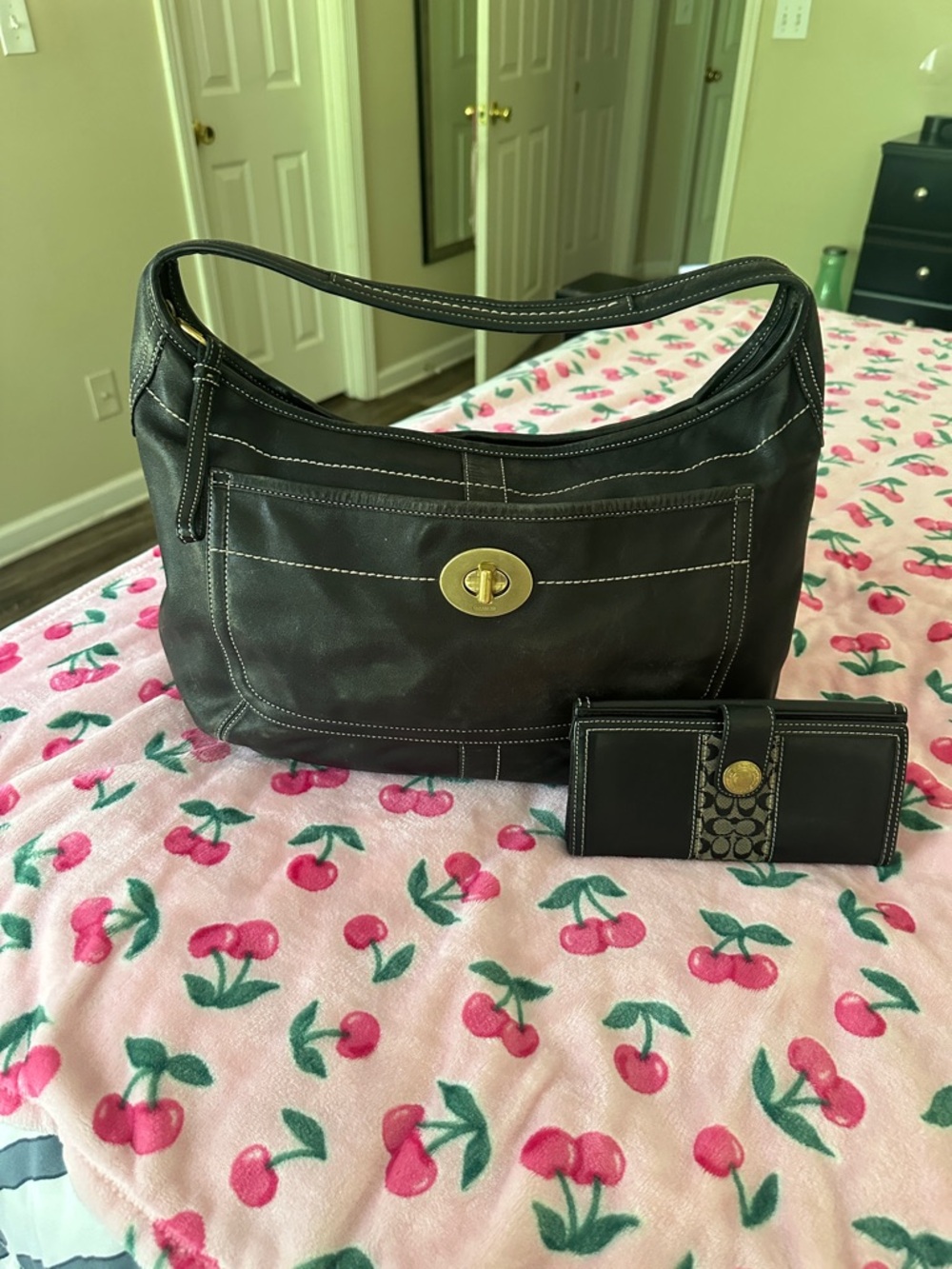 Coach Ergo Black Leather Shoulder Bag with Turnlock Closure